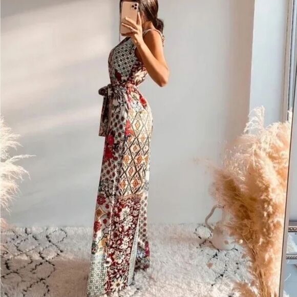 ZARA Paparazzi Patchwork Floral Geometric Belted Multicolor Jumpsuit Size S - Picture 2 of 12